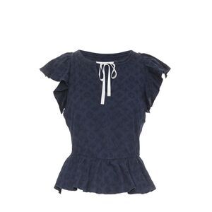 LOUIS VUITTON black monogram denim ruffle keyhole cap sleeve peplum blouse S